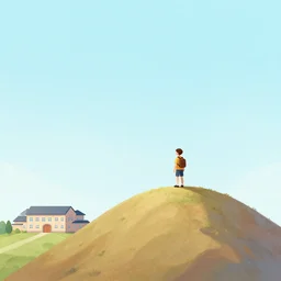 illustration of a boy on top of a large hill standing next to a school overlooking a vast landscape and a city as the sky rains cosmic energy above it in the style of Kentaro Miura