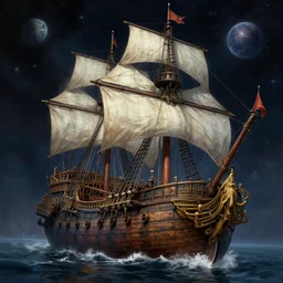 an old pirate ship in space, digital painting, volumetric light, intricate