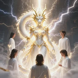 a white - gold sacred dragon surrounded by lightning and holy light, aura of light, artificial intelligence, scifi, futuristic, highly detailed, trending on artstation, lee ji - eun, advanced technology, art by vitaly bulgarov and nivanh chanthara and lance wilkinson