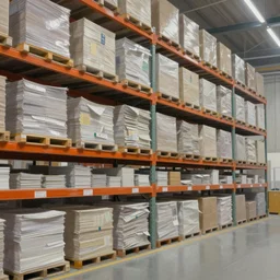 a warehouse with huge shelves in which stacks of paper are stored in a painting from stalenhag, 4 k, 8 k, hdr, artstation, concept art