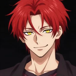 portrait of anime male 2 0 years old male evil sharp features very very narrow yellow eyes red red soft tousled crimson hair smirk anime pixiv fanbox concept art, matte, sharp focus hisoka morow tom hiddleston mashup art by wlop ruan jia