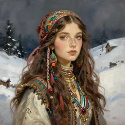 portrait of vintage hippie boho russian iranian model girl winter traveler greg manchess painting by sargent and leyendecker, studio ghibli, fantasy, medium shot, asymmetrical, intricate, elegant, matte painting, illustration, hearthstone, by greg rutkowski, by greg tocchini, by james gilleard, by joe fenton