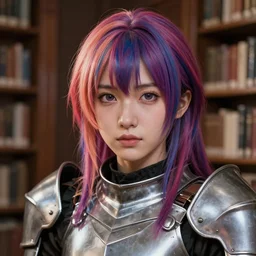 a masterpiece hyperrealistic ultradetailed photograph of a real anime girl that is dressed in steel plate armor, vibrant dyed hairs, closeup skin texture, inside a library, photoreal image, art by wlop, photoreal, highly rendered, blender, unreal engine, readable, extremely detailed, trending on artstation, sharp focus, 4 k, by artgerm