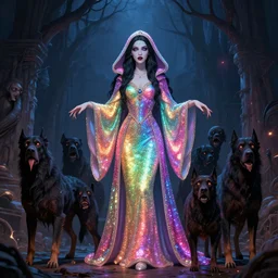 Magic sorceress with rainbow sparkling robe, creepy dogs, Boris Vallejo, Julie Bell, Artgerm