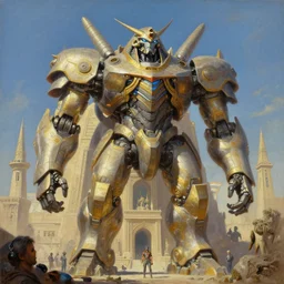 a giant thai angient egyptian architecture mecha, tim hildebrandt, wayne barlowe, bruce pennington, donato giancola, trending on artstation, cinematic composition, beautiful lighting, hyper detailed, 8 k, oil on canvas