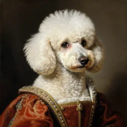 portrait of a white poodle as an italian queen, painting by rafael