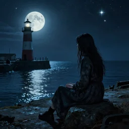 folk horror art style depiction of a woman sitting by a harbour. lighthouse. night full moon. glowing stars. cat