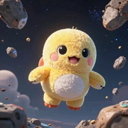 rei chiquita plush floating in space surrounded by floating debris, 4k digital art