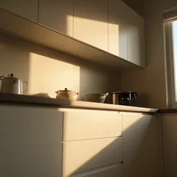 photo of a kitchen, low pov, golden hour