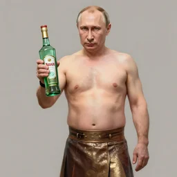 vladimir putin wearing a sexy skirt, holding a bottle of arak, realistic digital art