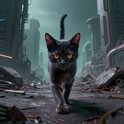 cyberpunk demon kitten walking in a dystopian wasteland, Beksinski, MC Escher, very coherent symmetrical artwork. cinematic, hyper realism, high detail, octane render, 8k
