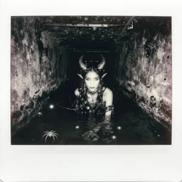 an realistic ancient human evil - girl daemon on an underground long sewer with toxic waste all around and black water, tiny spiders and insects, black and white 1 9 5 0 polaroid photography with flash light, grainy film, flash light