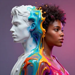a white man and an african american woman, melting together greg rutkowski, hyperrealist, cinema 4 d, psychedelic, rendering unreal engine 5, digital art