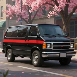 a wholesome animation key shot of one!! focused, custom black 1 9 8 3 gmc van with red stripe on side, in chicago street, medium shot, studio ghibli, ( pixar ) and disney animation, sharp, very detailed, high resolution, rendered in unreal engine 5, anime key art by greg rutkowski, bloom, dramatic lighting