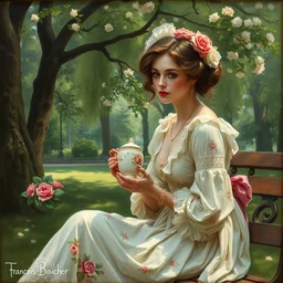a beautiful painting of a woman sipping tea in a park by francois boucher