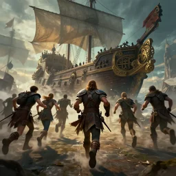 tarrasque running behind a group of adventurers, the adventurers are running towards a galleon, dramatic lighting, d & d, epic, fantasy, artstation