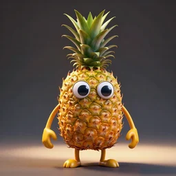 a single delicious pineapple with arms and legs and googly eyes, digital art, concept art, trending on DeviantArt, trending on Artstation, high quality, 8K HDR, octane render, unreal engine 5, path tracing, dramatic lighting, cinematic, highly detailed, medium shot
