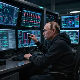 vladimir putin hacking into the mainframe, in dark hoodie, multiple screens and monitors, dark atmosphere, cyberpunk theme, creepy, very detailed, realistic top secret classified photography