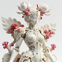 intricate hyper detailed ultra sharp focus 3 d render of a beautiful porcelain ivory fair seductive woman medium shot portrait, close - up, bright 3 point light, alexandre ferra georg loschner white mecha, cyberpunk mechanical haute couture huge fractal mycelum and fungi filigree lace, rasberry chili red sponge corals, huge magnolia goliath head ornaments, big embroidered leaves sinuous roots, octane render, pearls, volumetric cinematic lighting, 8 k, vray tracing, no dof, no blur