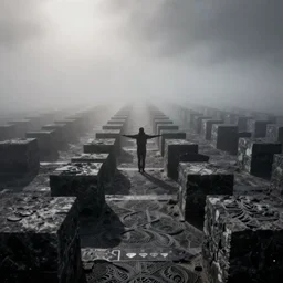 arm reaching out of thick fog, symetrical rows of stone blocks in far distance, intricate, zdzislaw beksinski