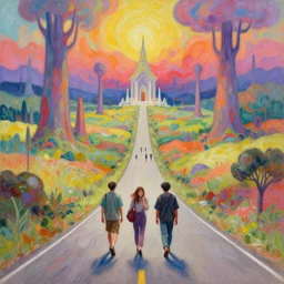Why am I me when I could have been anyone else? Introspective meandering, a vibrant gouache fantasy painting, walking along the endless road through an unusual biome. Natural palette, Unearthly landscape. Realistic photography. A small traveling group of friends in a dream-like world. A tearful farewell to close friend, the shrine calls to them.