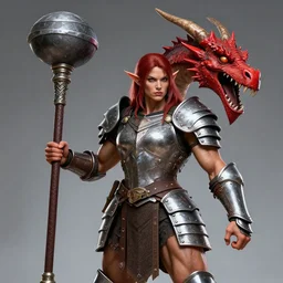 muscular halfling woman warrior, with a full set of plate armor holding a giant club, wearing an enormous red dragon head, clyde cadwell, mid shot, strong lighting, heroic pose