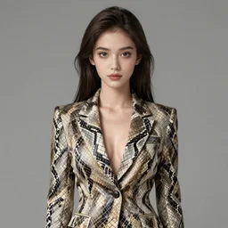 cute beautiful decisive girl in jacket suit with snake print over bare skin, elegant, 2d, ultra highly detailed, digital painting, smooth, sharp focus, artstation, pixiv, art by Ilya Kuvshinov