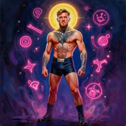 full body portrait of connor mcgregor by mandy jurgens, cartoon, oil painting, visionary art, magic symbols, holy halo, neon ambient lighting, high detail, dark vibrant colors