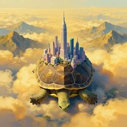symmetrical post - minimalism landscape of a magical city on the back of a giant turtle, bird's eye view, golden clouds, mountain range landscape, vibrant color scheme, highly detailed, in the style of romanticism, cinematic, artstation, moebius, greg rutkowski
