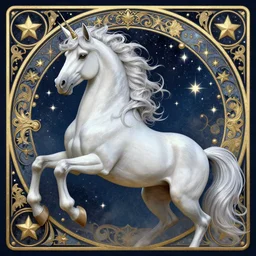 unicorn with pale silver mane, stars and night background, ornate alphonse mucha, rhads, ross tran, artstation, artgerm, octane render, 1 6 k