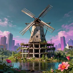 a beautiful hyperdetailed rendering of architecture city unfinished building windmill urbex building industrial architecture nature abandoned by jean - baptiste - camille corot, sci - fi flowers magic realism retrowave tron lake fisheye neon noir hyperrealism, archdaily, wallpaper, highly detailed, trending on artstation.