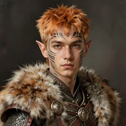 portrait painting of an elven young man with short light orange hair and tribal tattoos on his face wearing fur armor, sharp focus, award - winning, trending on artstation, masterpiece, highly detailed, intricate. art by merwild and ernesto irawan and rachel denton