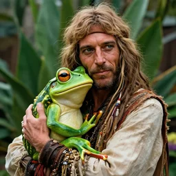 half - body portrait of hippie cheech marin hugging with frog goddess in garden masterpiece happiness by jim burns doyle, tim detailed ultrarealistic expressive eyes dynamic cinematic dramatic
