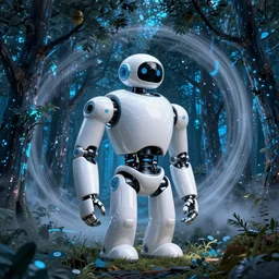 glossy white curved robot in a forest of glowing blue trees at night. swirls of mist swirl around the trees. beeple. patrick faulwetter. glowing blue turquoise forest. digital render. digital painting. artstation. concept art.