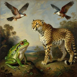 alien frog, cheetah, and bird reaching through a painting. pulp sci - fi art. baroque period, oil on canvas