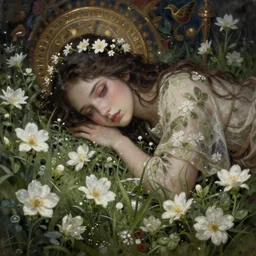 breathtaking detailed concept art painting of the sleeping at meadow goddess of white flowers, orthodox saint, with anxious, piercing eyes, ornate background, amalgamation of leaves and flowers, by Hsiao-Ron Cheng, James jean, Miho Hirano, Hayao Miyazaki, extremely moody lighting, 8K