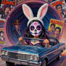 closeup of a amc marlin lowrider driven by a cute fluffy female bunny in a dia de los muertos face makeup, in a quantum wormhole, juxtapoz, heavy metal magazine, gary baseman, dan mumford, pedro correa, mad magazine, matte sharp painting
