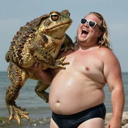 a leaked, dramatic, color photo of a fat man and the worlds largest toad. the fat man is very very sweaty, has long blonde hair, is wearing a swimsuit, 1 9 9 8 sunglasses and he is screaming in pleasure