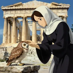florence nightingale lovingly reaches down to rescue a small owl. the parthenon in athens, 1 8 4 5, finely detailed perfect art, gapmoe yandere grimdark, trending on pixiv fanbox, painted by greg rutkowski makoto shinkai takashi takeuchi studio ghibli