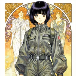 a copic maker manga portrait illustration by yoshiyuki sadamoto and alphons mucha of an anime girl highly detailed anime eyes wearing streetwear pilot suit lots of zippers, pockets, synthetic materials, jumpsuits by issey miyake and balenciaga 8 k