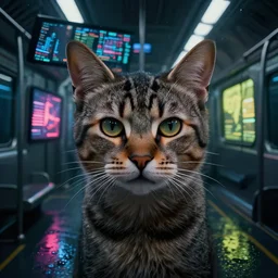 detailed portrait of a kitty cat, moment, cyberpunk elevated train, electronic billboards, tech noir, wet reflections, atmospheric, ambient, livia prima, greg rutkowski, edward hopper, pj crook