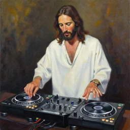 a painting of jesus DJing with DJ turntables, craig mullins, greg rutkowski