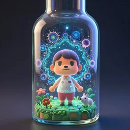 animal crossing micro world inside a glass bottle, stunning, beautiful, breathtaking, reflections, bioluminescence, fantasy, hyper - realistic, unreal engine, pattern, fractal