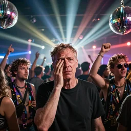 hyperrealistic photography of jacob rees-mogg lost and confused in a rave with michael gove, wide angle, 28mm, dramatic disco lighting