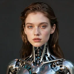 close - up portrait of beautiful young woman with cybernetic dress, art by arthur elgort photography