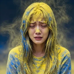 crying girl covered by yellow and blue dust