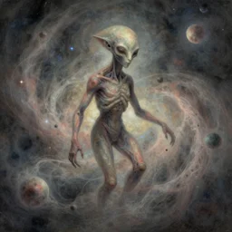 a shapeless extraterrestrial pleiadians made of space and time, weaving dust of predetermination and a state of utter confusion across the universe, muted colors, fantasy illustration, digital art