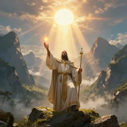 a powerful cleric of any racial background casts a spell that shines down the sun on the mountains. beautiful fantasy art, landscape, epic lighting, artstation, award winning, trending, 8 k