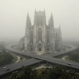 A highway interchange inside a gigantic foggy royal cathedral, octane render, digital art, artstationhq, by Charles Sheeler and Jordan Grimmer and Victor Mosquera