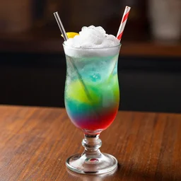 a delicious looking glass of a rainbow colored drink mixing intensely